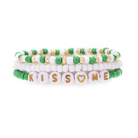 Pingyongchang St. Patricks Day Stackable Beaded Holiday Bracelets Set for Women Elastic Layering Lucky Shamrock Stretch Irish Green Leaf Bohemian Carnival Festive Favors Accessories Birthday Gifts-G