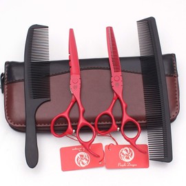 Kit Tijeras Profesionales Estilista Barbero Peluquero Purple Dragon 5.5 pulgadas 2 peines ROJO