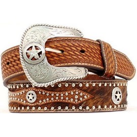 M & F Western Men's Studded Hair-On-Hide Basketweave Overlay Belt Tan 38