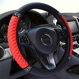 YSFKJ Funda universal de cuero de diamante, protector de volante antideslizante elástico de 15 pulgadas, con diamante de cristal brillante para mujeres y niñas, color rojo