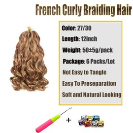Viovian Short French Curl Braiding Hair 12 Inch 6 Pack Brown French Curls Bouncy Loose Wavy Spanish Curly Braiding Hair Synthetic French Curl Braids 27/30(50g/pack)