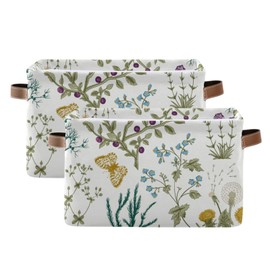 Kigai Herb and Wild Flowers Storage Basket Collapsible Rectangle Storage Bin Shelves Basket Organizer with Leather Handle for Closet, Office, Nursery, Home Decor