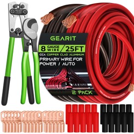 GearIT 8 Gauge CCA Ground Wire (25FT Each - Black and Red) All-in-One Kit: Crimping Tool, Cutter, 15 Lugs, and 20 Heat Shrink Wrap
