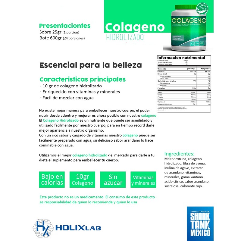 Colágeno Hidrolizado Sabor Arándano, 600 Gr 24 Porciones