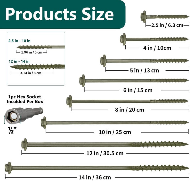 Timber Screws#14 x 6 inch, Heavy Duty Structural Wood Screws,