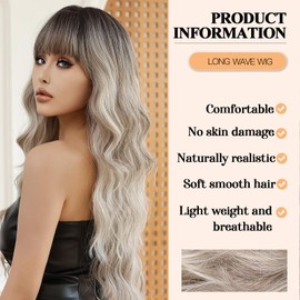 Allbell Long Curly Wavy Ash Gray Blonde Wig with Bangs Ombre Hair Heat Resistant Synthetic Wigs for Women Daily Party Use