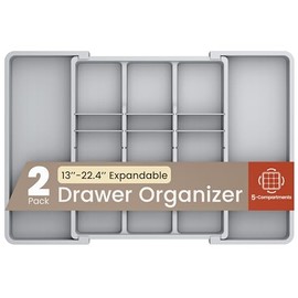 Gray Expandable Utensil Drawer Organizer 2 Pack, Adjustable 13” to 22.4”, 5 Compartment Silverware Organizer for Kitchen Utensils, Spatulas, Cutlery, and Tools, Easy to Clean, Durable, and BPA-Free