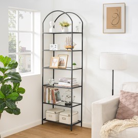 Homhedy Bookshelf Arched Display Racks,Metal Bookcase,Tempered Glass Shelves,Storage Rack Shelf for Home Office,Living Room,Bedroom, Bathroom,Modern Style (Black, 11.8" D x 23.6" W x 73.6" H)