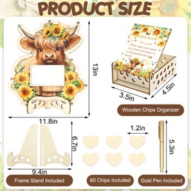 JarThenaAMCS 66Pcs Highland Cow Sunflower Baby Shower Decorations Guest Book Alternative Set Guestbook with 60 Wood Heart Slices Photo Frame Keepsake for Birthday