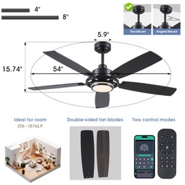 54" Black Ceiling Fans with Lights and Remote,Modern Led Ceiling Fans with Quiet DC Motor, Dimmable 6 Speeds Reversible for Living Room Patio Kitchen