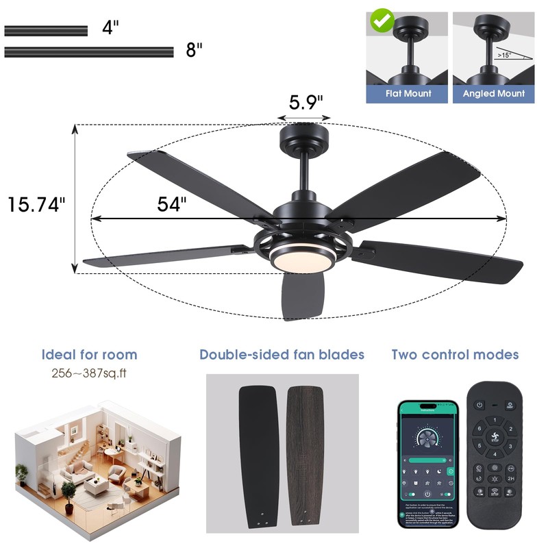 54" Black Ceiling Fans with Lights and Remote,Modern Led Ceiling