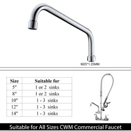 CWM 12 Inches Swivel Swing Nozzle Spout-Replacement Kit for Commercial Sink Faucet,2.2 GPM Add-on Gooseneck Spout Replacement Part Suitable for 1,2,3 Compartment Sink,Polished Chrome,M25x1.25mm