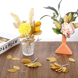 KALIONE 200 Pcs Silk Leaf Golden Leaves with Stems Artificial Leaves Faux Wired Single Crafts Leaf for Flower Bouquet Wreaths DIY Home Wedding Party Decor(Gold)