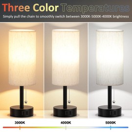 Fenmzee Bedside Table Lamps Set of 2-3 Color Temperatures Pull Chain Lamp with AC Outlet Charging Port, Small Round Night Stand Lamps for Bedroom Guest Room Office, Bed Side Light with E26 LED Bulbs