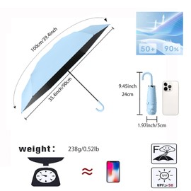 Mini Travel Compact Folding Hook-shaped Handle Umbrella Small Portable UV 99.9% Protection/6 Ribs/Teflon Coating/Open Close/Anti Rain Sun/Lightweight Small Pocket/Handbag for Women Kids