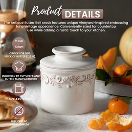 Butter Bell - The Original Butter Bell crock by L Tremain, a Countertop French Ceramic Butter Dish Keeper for Spreadable Butter, Antique Collection, White Linen