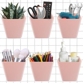 Large Grid Wall Bins - 6Pack Pink Gridwall Accessories Hanging Cups with Back Hooks - Plastic Grid Wall Panels Organizers Wire Shelves Holders for Garage Garden Craft Office Tools Storage