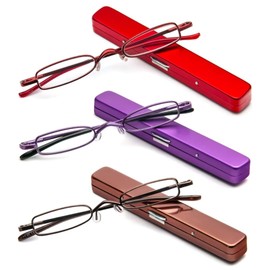 Small Reading Glasses Men Women 3 Pairs Slim Pocket Readers with Pen Clip Metal Case Spring Hinge (Purple+Brown+Red,+2.75)