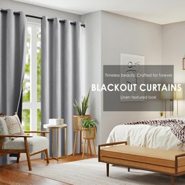 Grey Full Blackout Window Curtain Panels 63 inches Long Burlap Linen Textured, Short Thermal Insulated Burlap Linen Bedroom Drapes Thermal Insulated Winter Curtains 40"x63"x2, Gray