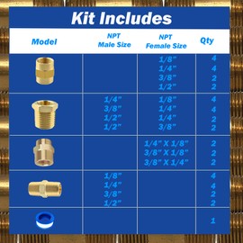43PCS Brass Pipe Fittings Assortment Reducing NPT Kit, Couplings, Bushings, Reducing Coupler, and Hex Nipples 1/8", 1/4" 3/8", 1/2"