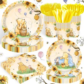 140PCS Classic Winnie Bear Baby Shower Decorations Birthday Party Supplies for Kids Boys Birthday winnie Theme Plates Napkin Cups Disposable Tableware Set 20