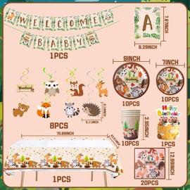 65Pcs Woodland Animals Birthday Party Supplies Wild Animals Party Decorations Include Happy Birthday Banner Plates and Napkins Cups Animals Foil Balloons for Woodland Theme 1st Baby Shower Decor