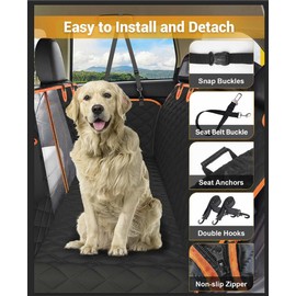 Dog Car Seat Cover, 600D Heavy Durable Dog Seat Cover for Back Seat, 100% Waterproof Scratch Proof Nonslip Dog Hammock for Car with Side Flap, Pet Seat Covers with SeatBelt for Cars Sedan SUV Trucks
