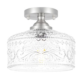 Brushed Nickel Semi Flush Mount Ceiling Light, Antique Ceiling Light with Glass, Indoor Close to Ceiling Light Fixture, Entryway Light Fixtures, Overhead Lighting Fixture for Hallway Kitchen Bedroom