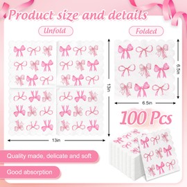 JarThenaAMCS 100Pcs Pink Bow Paper Scalloped Napkins Trendy Preppy Coquette Luncheon Napkins Watercolor Dinner Hand Napkins for Girls Home Party Supplies Table Decor