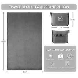 PEUJEW Travel Blanket, Soft 2-in-1 Airplane Blanket, 65x40 Inches, Travel Blanket Airplane Compact with Bag, Car Blanket with Luggage Sleeve & Backpack Clip (Light Grey)