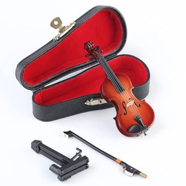Dselvgvu Wooden Miniature Violin with Stand, Bow and Case Mini Musical Instrument Violin Replica Collectible Figurines Dollhouse Accessories Model Home Decoration Display Ornament (3.94"x1.57"x0.63")
