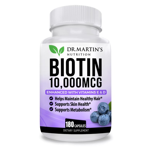 Biotin 10000 mcg Enhanced with Vitamin D & E | 180 Count| for Healthy Hair, Skin & Nails | Energy Support | Vitamin B7 | Non-GMO | USA FORMULATED