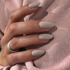 Gray Press on Nails Short Almond MABKJLF Fake Nails Full Cover Grey Solid Color False Nails with Nail Glue Glossy Glue on Nails Acrylic Nails Manicure Artificial Nails for Women Girls 24Pcs