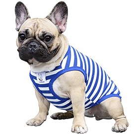iChoue Striped Dog T Shirts Clothes for Medium Size Boy Male Vest Tank Top French Bulldog Frenchie Pug English Boston Terrier Pitbull Blue White Strips - L