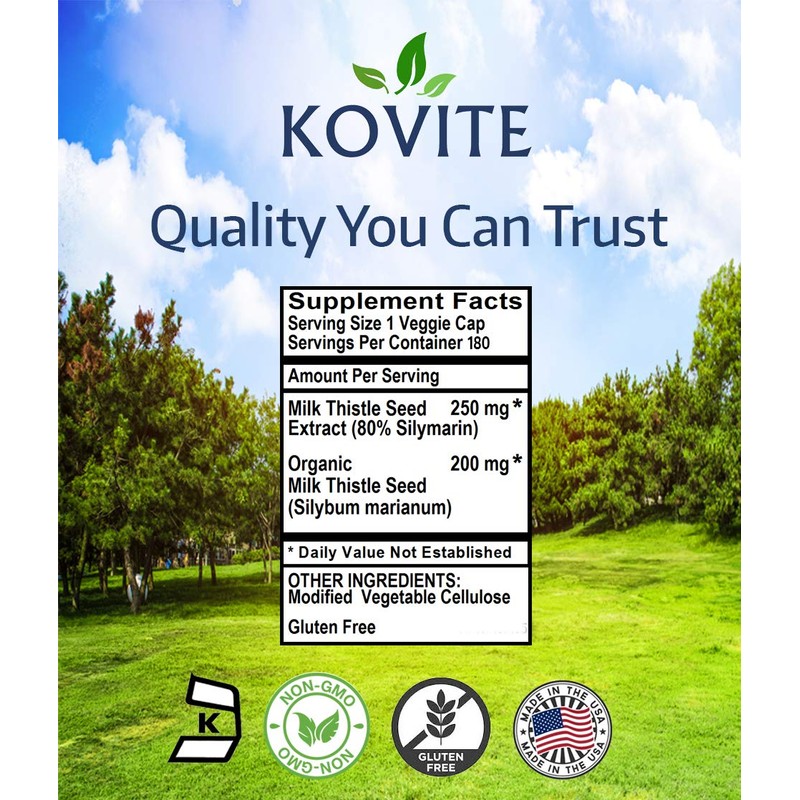 Kovite Milk Thistle Standardized 80% Silymarin - Kosher - 180