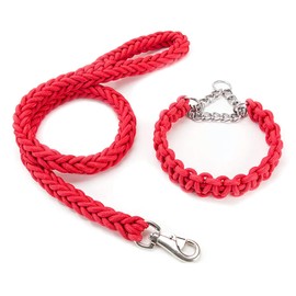 Kabxhueo Strong Rope Dog Lead and Collar Set 4FT Durable Braided Dog Collars and Leads Set Nylon Rope Leashes with Heavy Duty Clips Slip Lead Collar with Metal Chain for Small Medium Large Dogs, Red