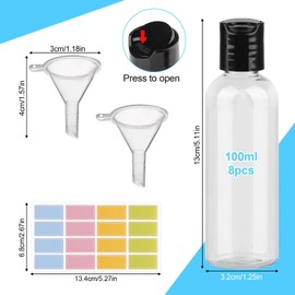 Ailvor 8pcs Travel Bottles, Travel Bottles for Toiletries 100ml, Plastic Travel Size Bottles Empty Refillable, Clear Container Travel with 2 Funnels and Colorful Labels for Shampoo Lotions Cosmetics