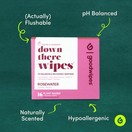 Goodwipes Down There Feminine Hygiene Wipes – Soothing, Cleansing, Flushable Wipes for Period, Pre & Post Intimacy – pH Balanced – Travel Essentials – Rosewater, 64 Individually Wrapped Wipes