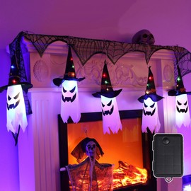 Luces Decorativas de Halloween - 5 Colgantes Fantasma con Sombrero de Bruja, IPX67 Impermeable, 2 Modos de Luz LED, para Decoración Interior/Exterior,