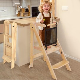 Foldable Toddler Tower with Safety Nets, 3 Adjustable Height Learning Tower