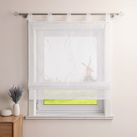 CORLIF Roman Blind Country House Roman Curtain Kitchen Modern Tab-Top Roller Blind Linen Look with Wave Pattern Transparent Roller Blinds Short Window Scarf with Loops W/H 120/140 cm White