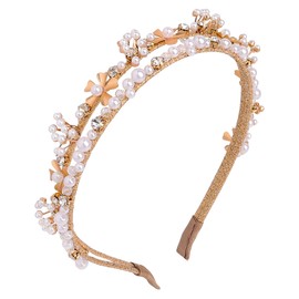 Framendino, Gold Double Crystal Headband Pearls Metals Beaded Hair Ties Flower for Women Wedding Headdress