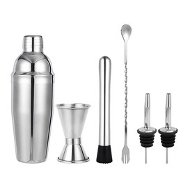 Yoseka Cocktail Shakers Set of 6 Cocktail Shakers 550ml Measuring Cup 15/30ml Bar Spoon Fork 26.2cm Barspoo Pourer Pestle Cocktail Shaker Set Stainless Steel Cocktail Set Cocktail Set Bartender Beginner Bar Set Commercial Home (6 Pcs)