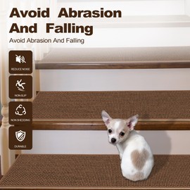 Natural Linen Non Slip Stair Treads, 15 Pack 8" X 30" Carpet Stair Treads with Reusable TPE Adhesive Backing, Non Slip Stair Runner Indoor for Kids Elders and Pets, Machine Washable, Brown Weave