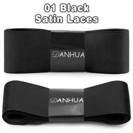 DANHUA Satin Ribbon Shoelaces for Women: 2 Pair 3.8CM Wide Black Silk Flat Shoe Laces 55 Inch