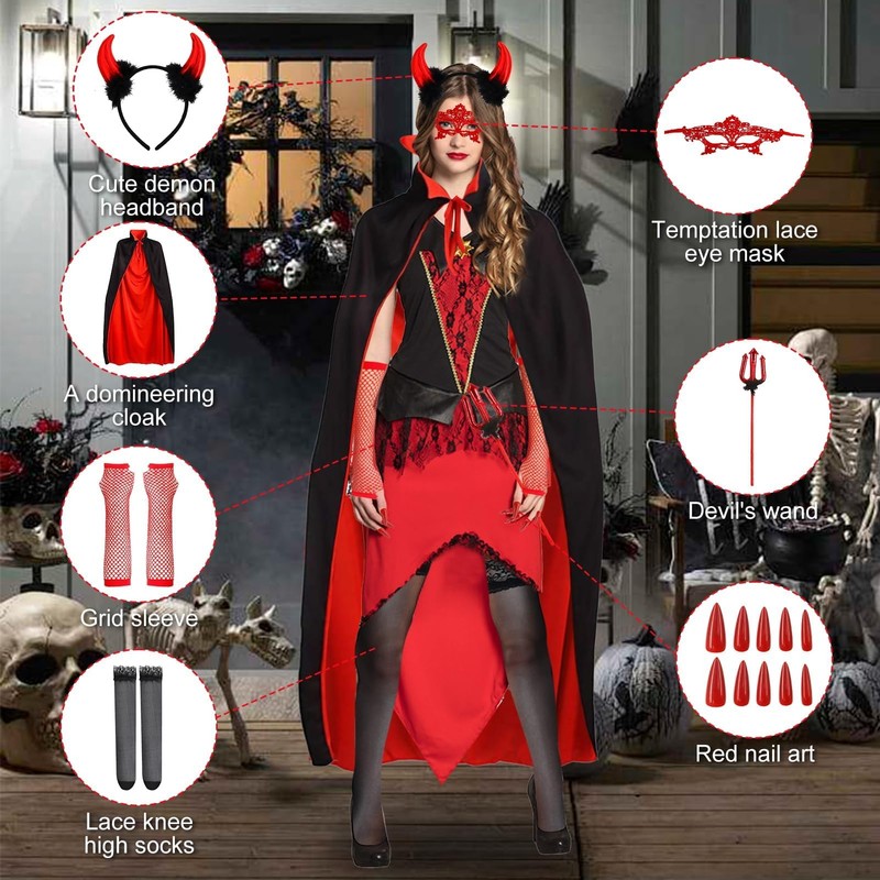 Devil Costume Women's Carnival Vampire Costume Set, Red Devil Cape