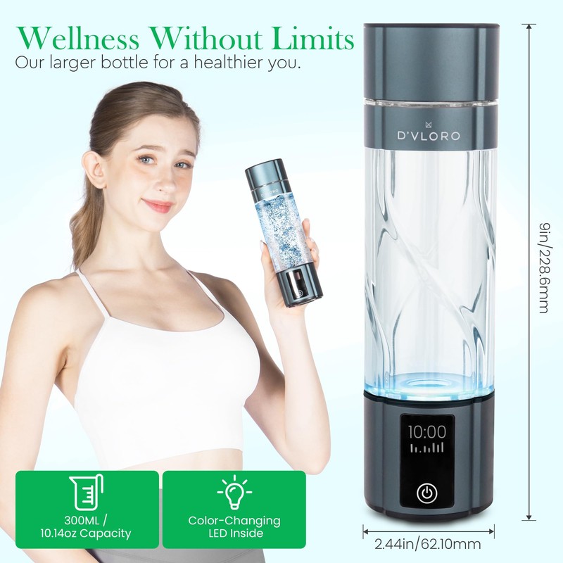 D’VLORO Hydrogen Bottle – Portable 300ml H₂ Infuser Hydrogen-Water-Bottle with