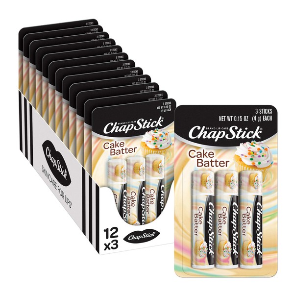 ChapStick Cake Batter Limited Edition Flavored Lip Balm Tubes, Lip Moisturizer for Lip Care - 0.15 Oz (Box of 12 Packs of 3)