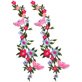 WANLIAN 2 PCS Butterflies Flower Clothing Applique, Iron on Decorative Patches, Embroidery Patch for T-Shirt, Skirt, Jeans, Vests, Hats,Bags