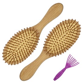Firschoie Bamboo Hair Brush Set of 3, Hair Brushes without Pulling, with Small Cleaning Comb, Antistatic Scalp Massage Reduces Frizz and Hair Breakage, Suitable for Long Hair, Curly Hair, Split Ends